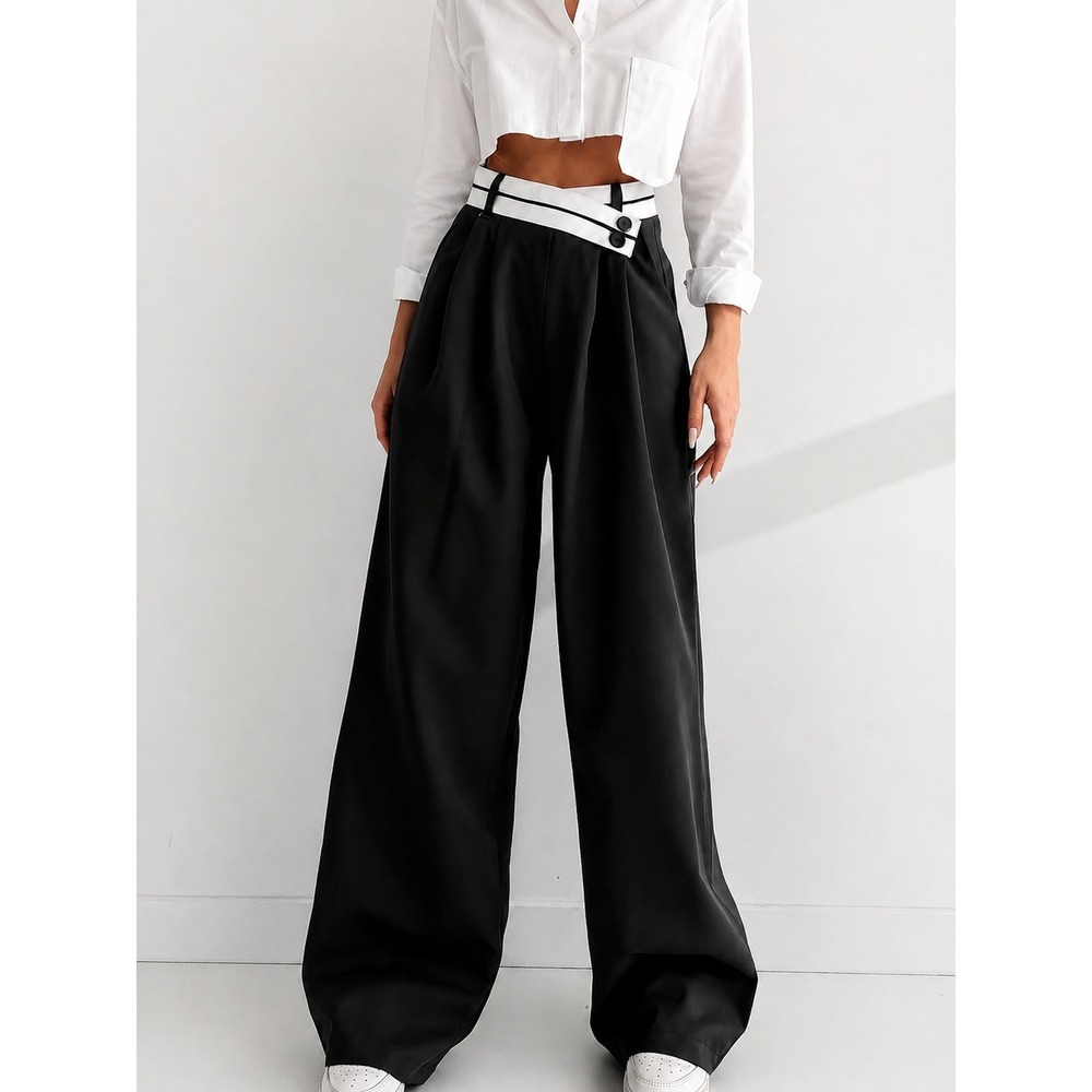 Commense NWT Asymmetrical Contrast Waistband Wide Leg Dress Pants Black XS